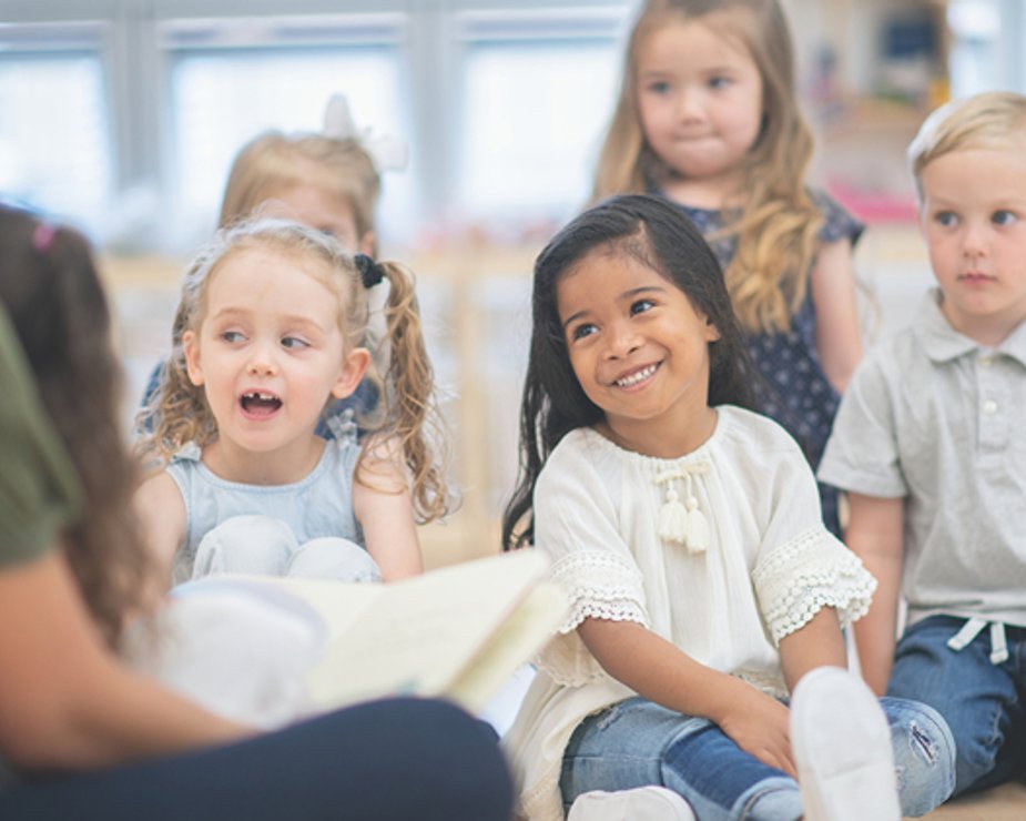 Children listening and participating during teacher-led reading.